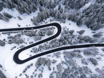 Aerial view of winding road in winter