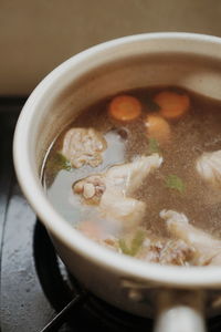 High angle view of soup in bowl