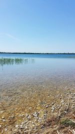 Scenic view of lake against clear blue sky