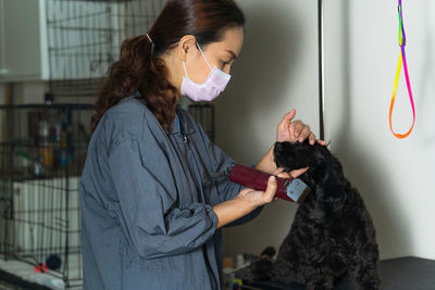 Woman grooming black dog at home
