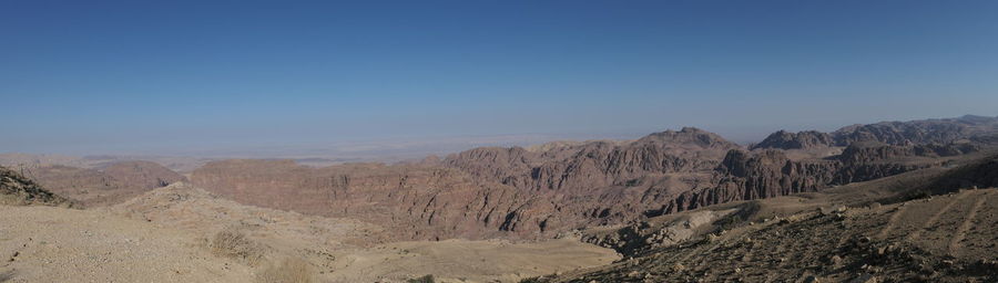 Panoramic view of landscape and mountains against clear sky