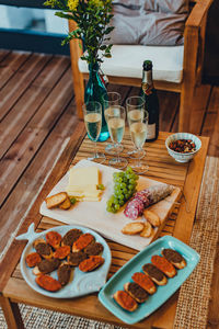 High angle view of food served on table