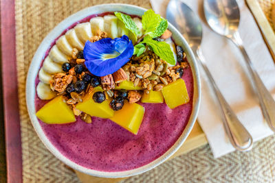 High angle view of breakfast served on table