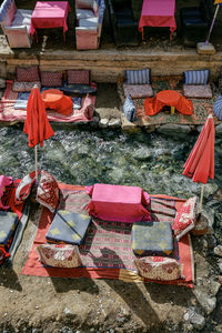 High angle view of deck chairs