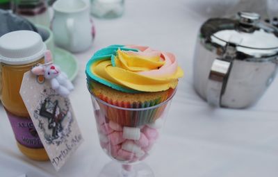 High angle view of cupcakes on table