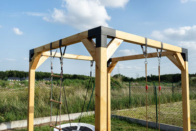 Low angle view of basketball hoop against sky