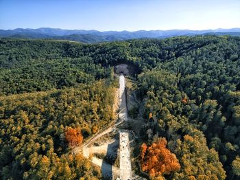 High angle view of trees on landscape against sky