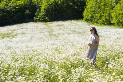 Women with dress in field of daisy flowers during sunlight