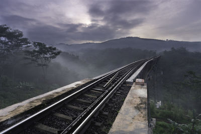 High angle view of railroad tracks against sky, with fog