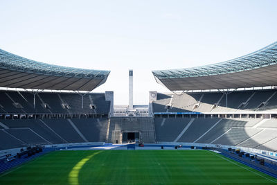 View of soccer field with buildings in background