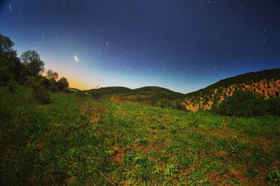 Scenic view of landscape against clear sky at night