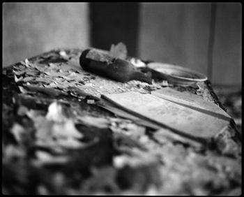 Close-up of damaged wood on table