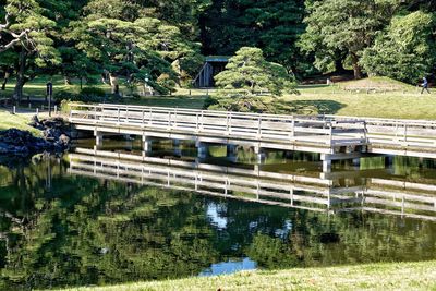 Bridge over lake against trees