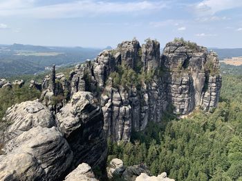 Rock formations on landscape against sky