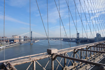 View of suspension bridge against cloudy sky