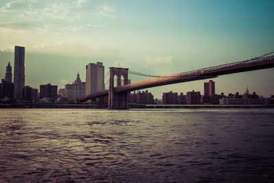 View of suspension bridge with city in background