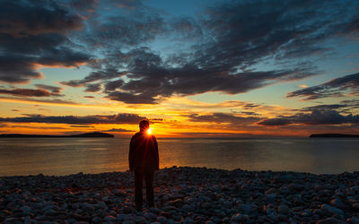 Rear view of man standing at beach during sunset