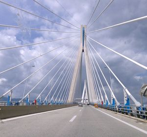 View of suspension bridge against cloudy sky