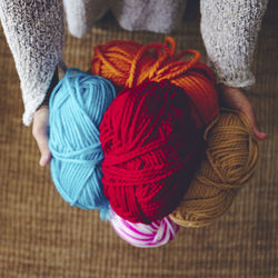 High angle view of wool on jute