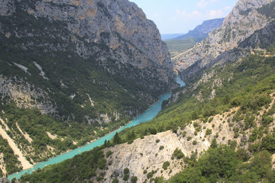 Scenic view of mountains and river against sky