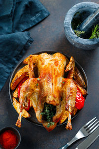 Directly above shot of chicken meat in plate on table