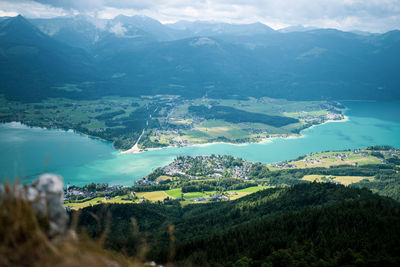 Panoramic view of lake wolfgangsee and village st. wolfgang in austria