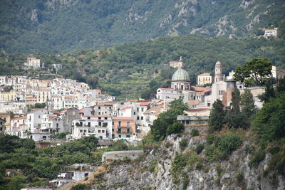 High angle view of buildings in town