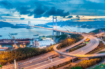 High angle view of bridge over city against sky