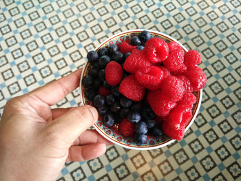 Cropped hand on person holding bowl of berries