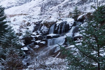 Scenic view of waterfall and mountain during winter