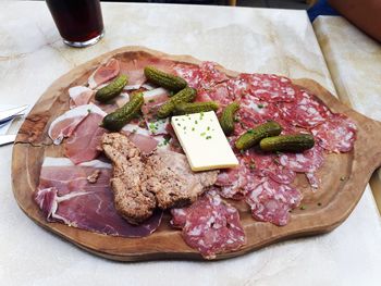 High angle view of food served on table