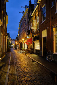 Haarlem, holland. empty side-street in haarlem at night time. light reflections on the cobblestones.