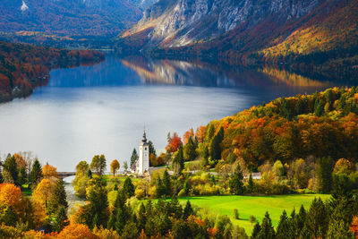 Scenic view of lake by trees during autumn