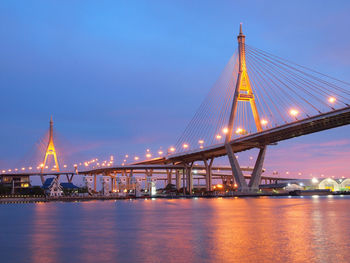 Illuminated suspension bridge over river