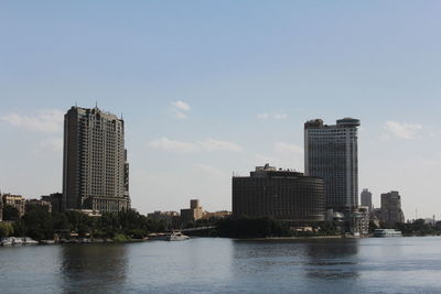 River by cityscape against sky