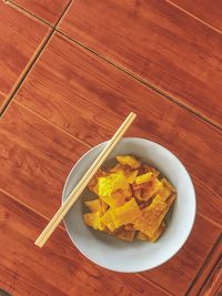 High angle view of food in plate on table