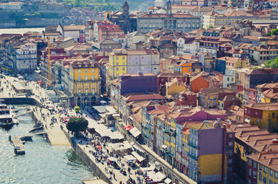 Aerial view of cityscape next to water