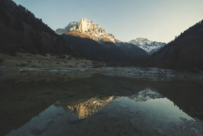 Scenic view of lake by snowcapped mountains against sky