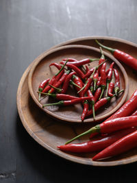 High angle view of red chili peppers in bowl on table