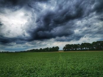 Scenic view of field against cloudy sky