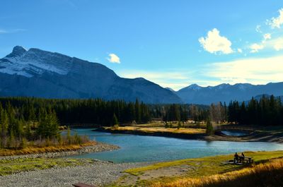 Scenic view of lake and mountains against sky