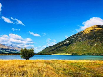 Scenic view of lake against blue sky