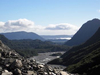 Scenic view of landscape and mountains against sky