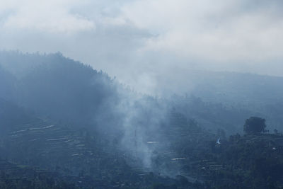 Scenic view of mountains in foggy weather