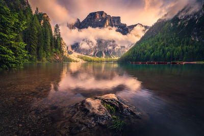 Scenic view of lake by trees against sky