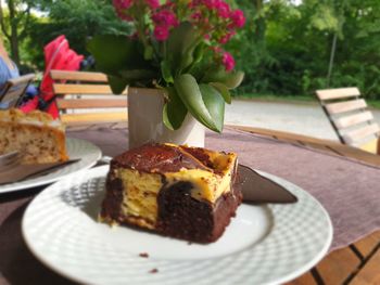 Close-up of dessert served on table