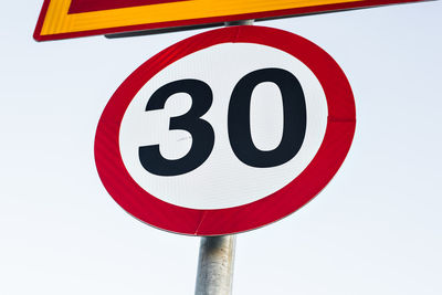 Close-up of road sign against white background