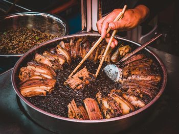 High angle view of person preparing food