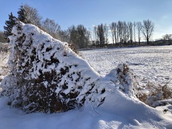 Scenic view of snow covered field against sky
