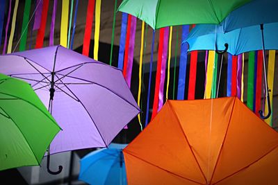Close-up of multi colored umbrellas in market